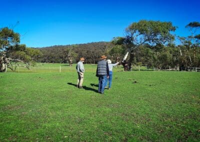 Members of the local community survey Mick Loughnan and Jacinta Halloran's property in the Painkalac Valley